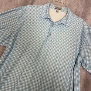 Peter Millar Summer Comfort Mens Large Blue Gingham Check Performance Polo Shirt